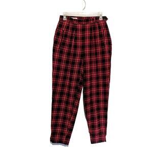 High Waist Pleated Red Plaid Trouser Pants W29 Vintage 80s Womens Tapered